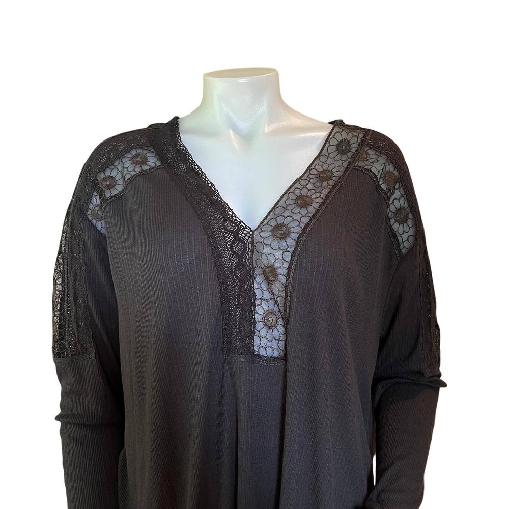 Free People Lola Long Sleeve Top Washed Black Daisy Crochet Lace Ribbed Tunic L